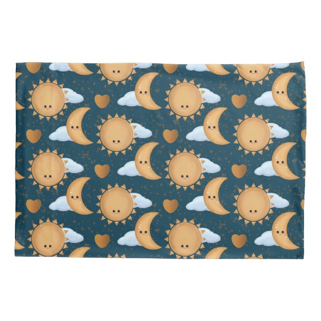 Fofo Kawaii Sol Lua Corações Azuis Dourados (Verso)