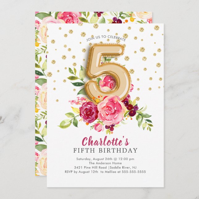 Foil Balão Floral 5 Aniversário Convite (Frente/Verso)