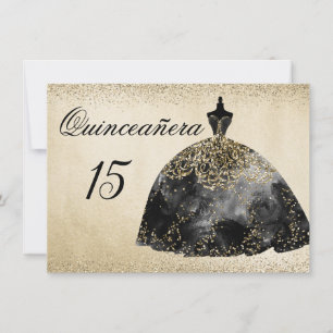 Foil de Ouro Vestido Preto Quinceanera convite