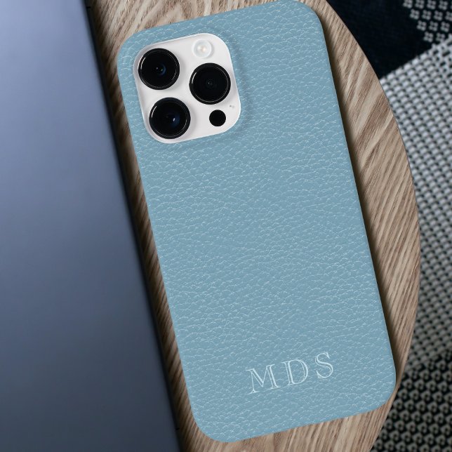 Folha Azul Simples Pastel Folha Couro Olhada Monog (A pretty pastel blue faux leather look phone case with space for your initials)