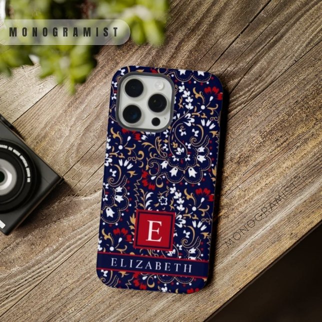 Folha branca azul-Marinho  escuro personalizável (Customizable Dark Navy Blue Red White Paisley iPhone Case)