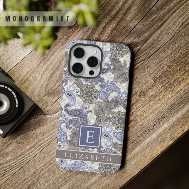 Folha Branca de Cinzas Azul Personalizável (Customizable Blue Purple Grey White Paisley iPhone Case)
