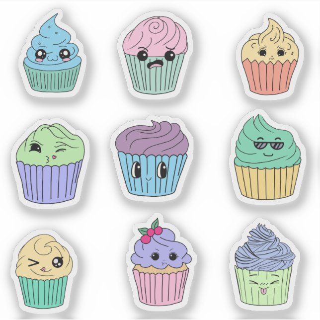 Folha de Adesivos de Cupcake Kawaii Fofa (Frente)