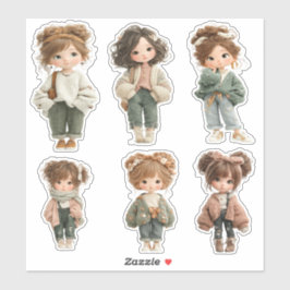 Folha de Adesivos de Menina Chibi Fofa 6 Adesivos