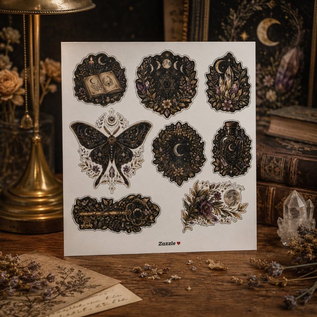 Folha de Adesivos de Vinil Botânico Celestial Escu (Dark Botanical Celestial Vinyl Sticker Sheet)