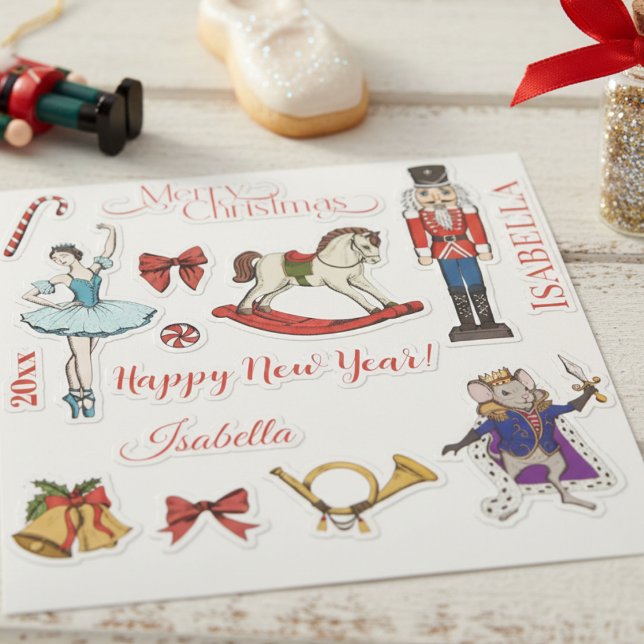 Folha de Adesivos do Ballet Quebra-Nozes de Natal (Festive Red & Gold Christmas Nutcracker Ballet Stickers. Nutcracker, Sugar Plum Fairy, Mouse King)