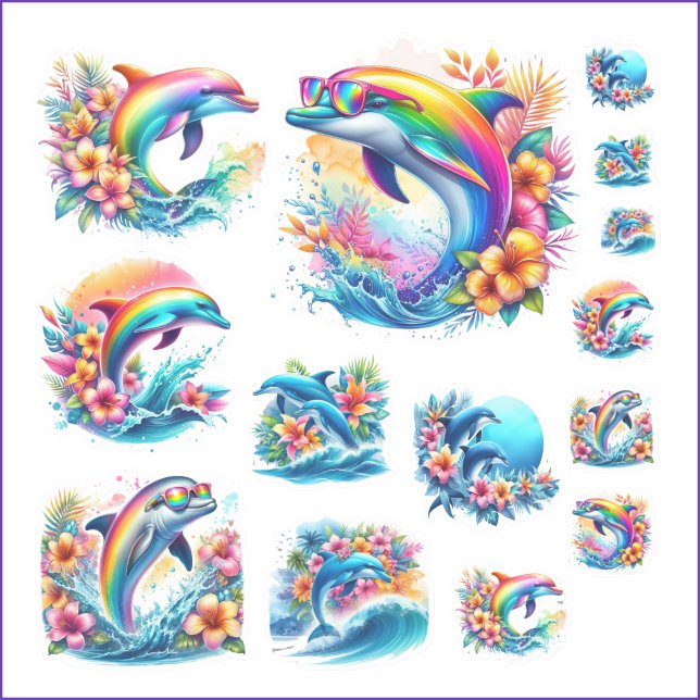 Folha de adesivos Rainbow Dolphin e Ocean Retro (Nostalgic rainbow dolphin vinyl kiss cut stickers are fun for back to school or any time of year!)