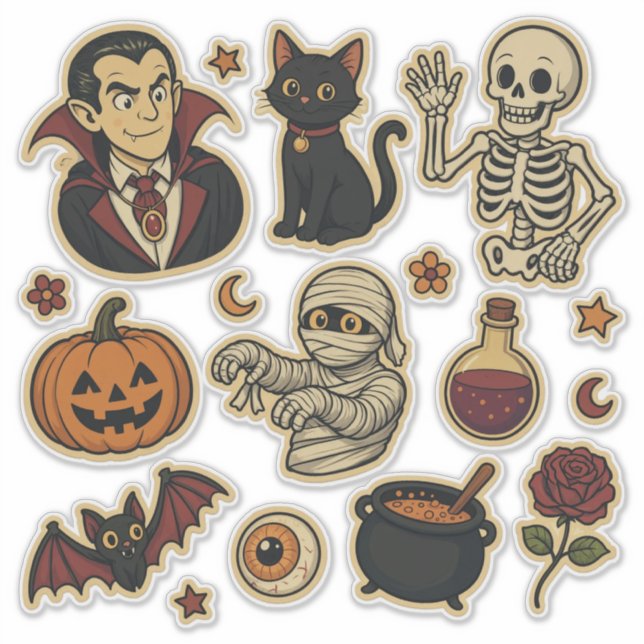 Folha de adesivos retrô da Halloween groovy (Frente)