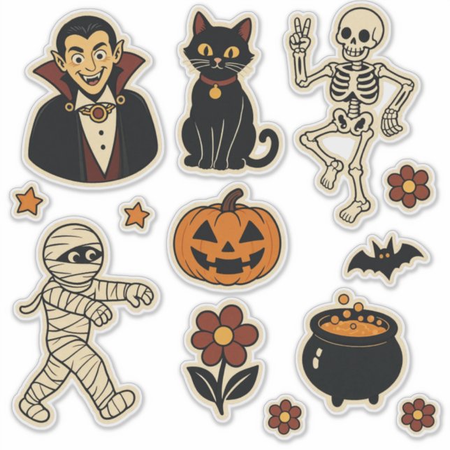 Folha de adesivos retrô da Halloween groovy (Frente)