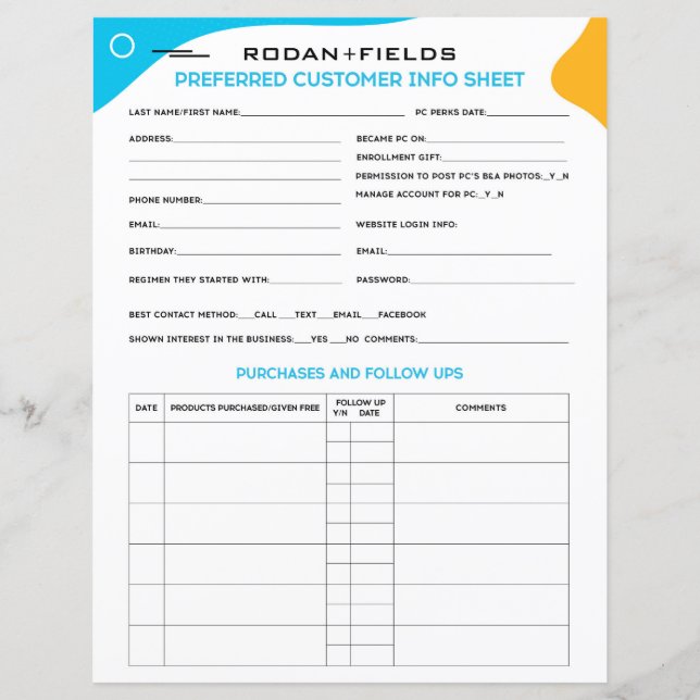 Folha de Clientes Preferenciais de Rodan e Campos (Frente)