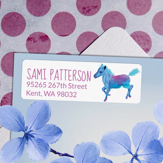 Folha de Etiqueta de Endereço do Pôneo Galopante A (blue aqua galloping pony return address label mailing sticker pony ride birthday party theme)
