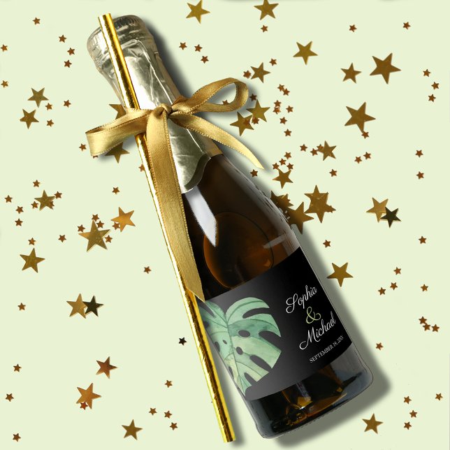 Folha de Monstera Tropical MINI de Casamento Negro (Monstera leaf wedding mini champagne labels for favors or to serve to guests)