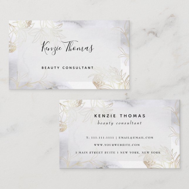 Folha de Ouro Floral Aquarela Cartão de visita (Frente/Verso)