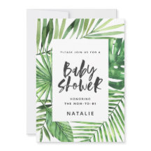 Folha de palma tropical e convite para chá de fral