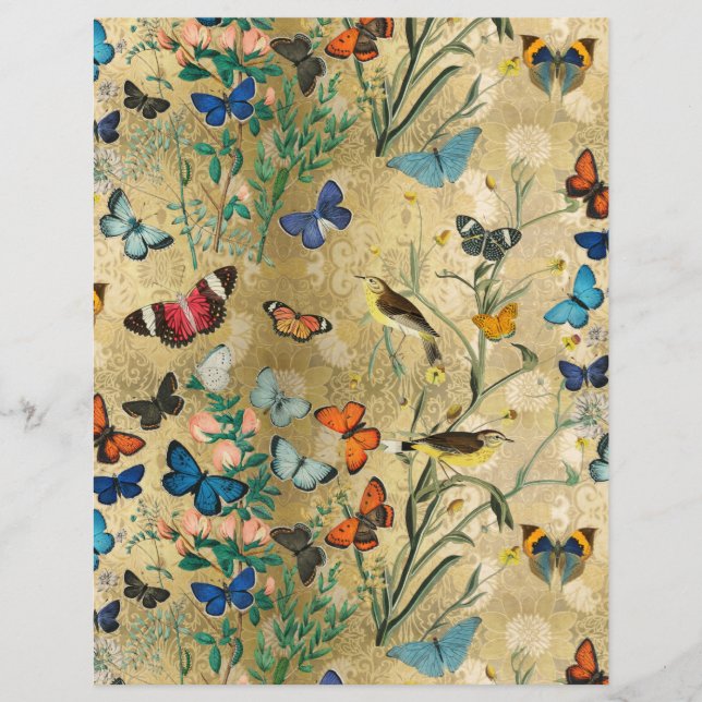Folha de Papel Botânico das Borboletas Vintage (Frente)