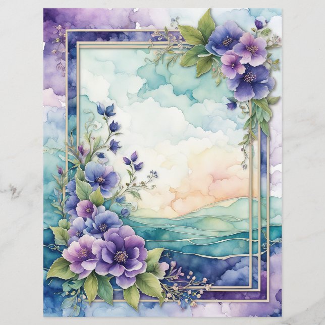 Folha de Papel de Borda Floral Artística lavanda (Frente)