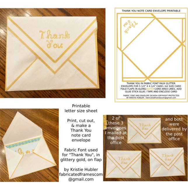 Folha de papel do envelope de Cartões de agradecim (Thank You Card Printable Paper Sheet for A2 note card / postcard, with glittery gold Fabric Font)