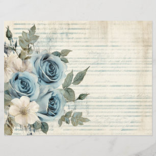 Folha de papel floral branco azul vintage antigo