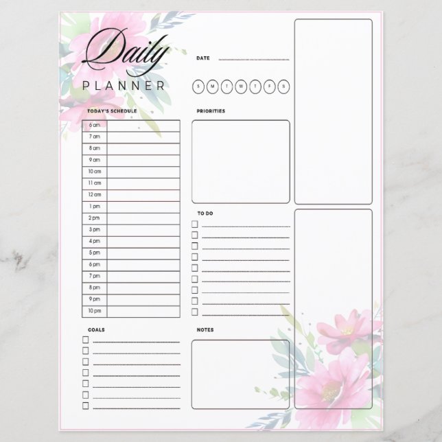 Folha de planejador diário de flores de aquarela r (Frente)