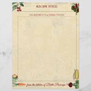 Folha de receita personalizada de vegetais frutas