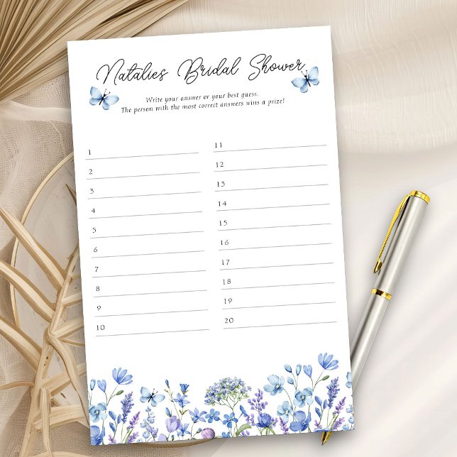 Folha de Resposta Azul de Flor Selvagem de chá de  (Bridal Shower game cards for answers to your diy quiz - Blue Wildflower Bridal Shower Collection)