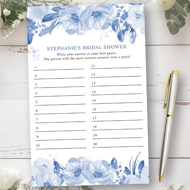 Folha de Resposta Floral Azul do Jogo chá de panel (Bridal Shower Game from my Dusty Blue Watercolor Floral Bridal Shower)