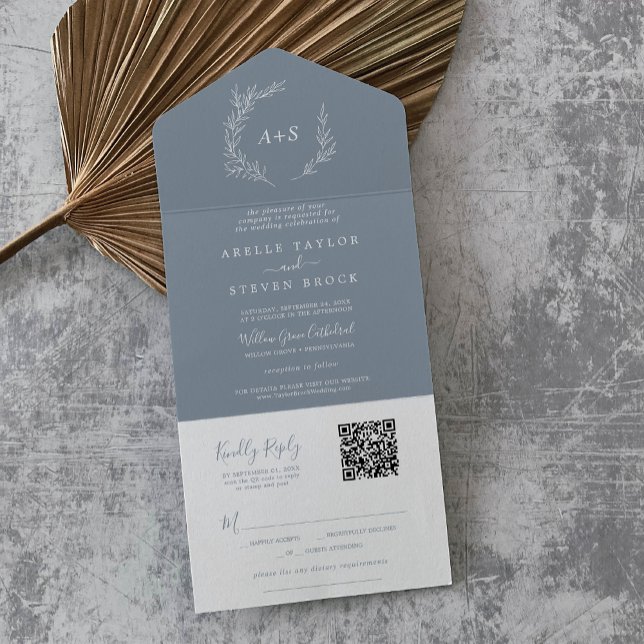 Folha mínima | Casamento de Código QR Simples Bran (Minimal Leaf | Blue White Simple QR Code Wedding All In One Invitation)