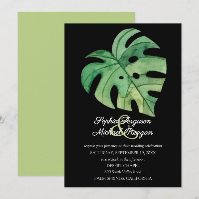 Folha Tropical de Monstera em Convites de Casament (Frente/Verso)