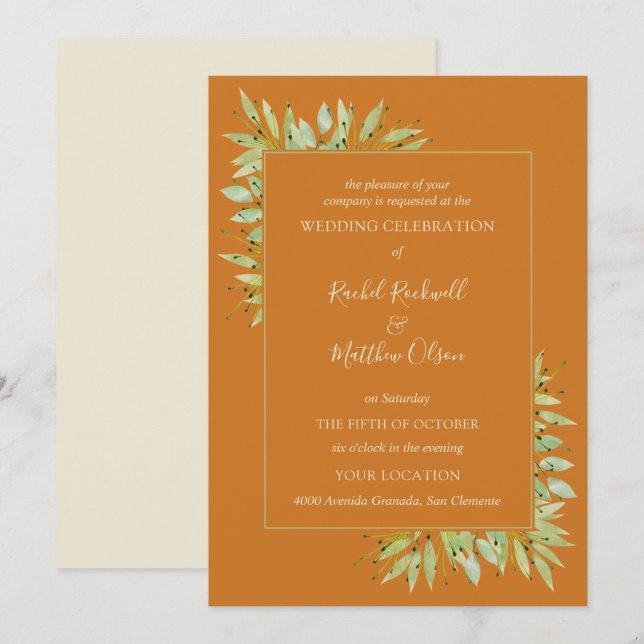 Folhagem Botânica de Convites de Casamento Ochre (Frente/Verso)