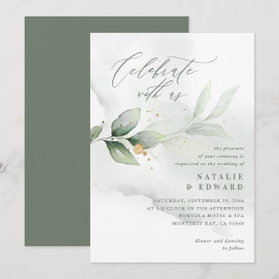 Folhagem de aquarela, casamento verde-oliva e ouro