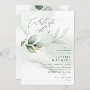 Folhagem de aquarela e casamento de ouro metálico