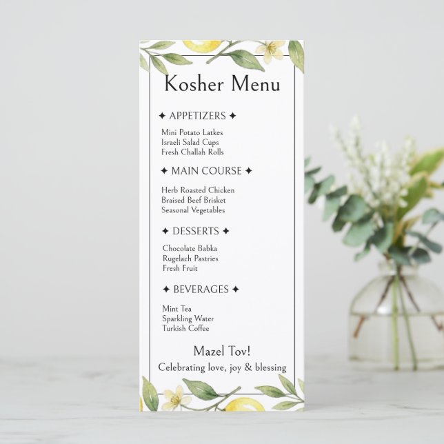Folhagem de Limão, Menu de Casamento Judaico, Comi (Em pé/Frente)