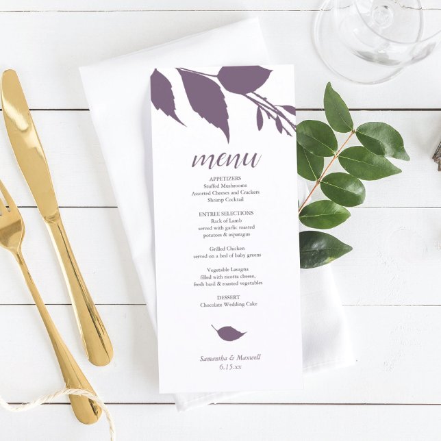 Folhagem de outono Plum Plum Purple Menu Card (wedding menu card template purple leaves)