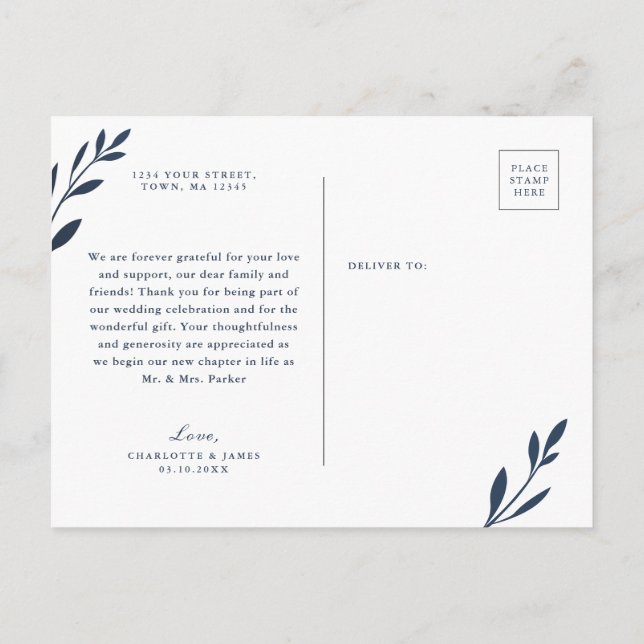 Folhagem marinho e Rosa Obrigado cartão postal (Verso)