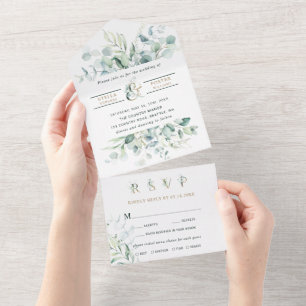 Folhagem Verde Elegante Casamento Ampersand Dourad