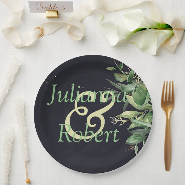 Folhagens elegantes em pratos de papel preto (Casamento)