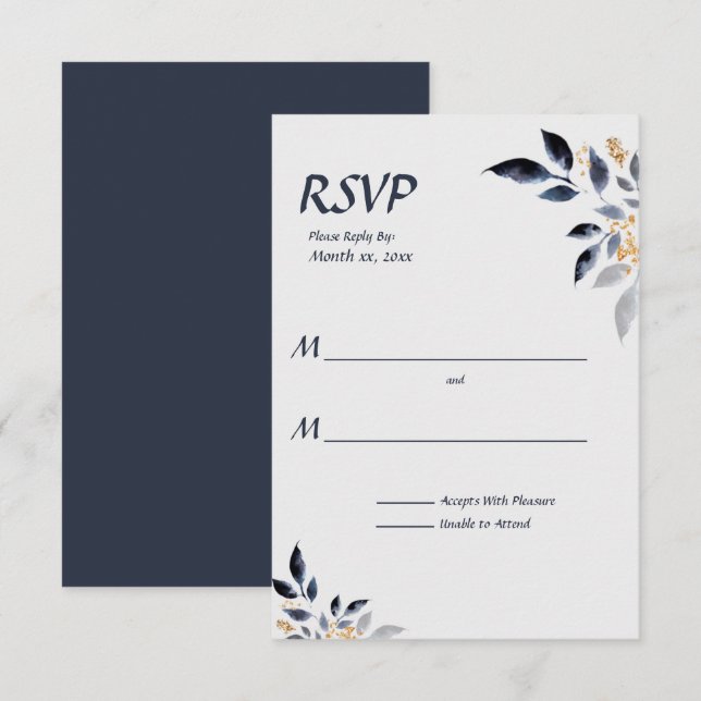 Folhas Azuis com RSVP de Casamento Dourado (Frente/Verso)