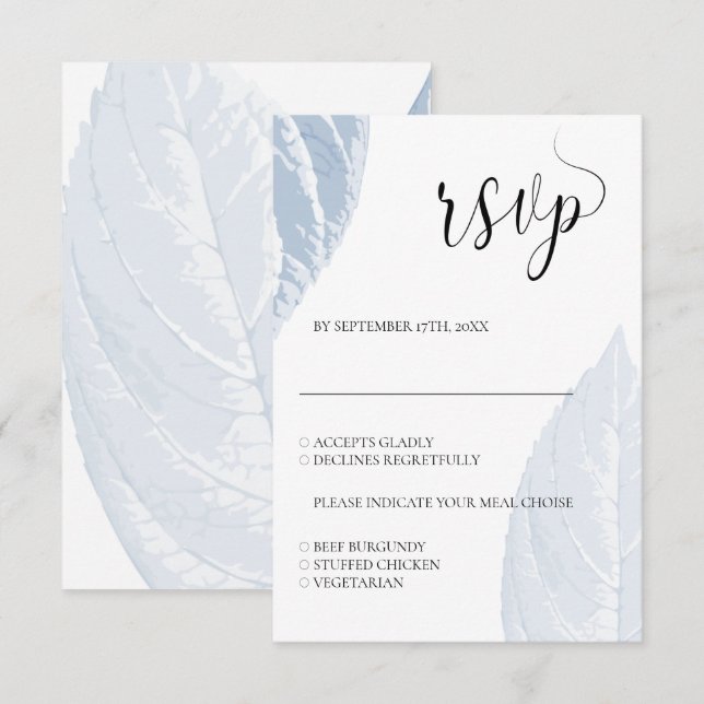 Folhas azuis Dusty Cartão RSVP de Casamento (Frente/Verso)