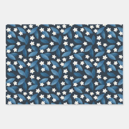 Folhas Azuis e Flores Brancas em Fundo Escuro