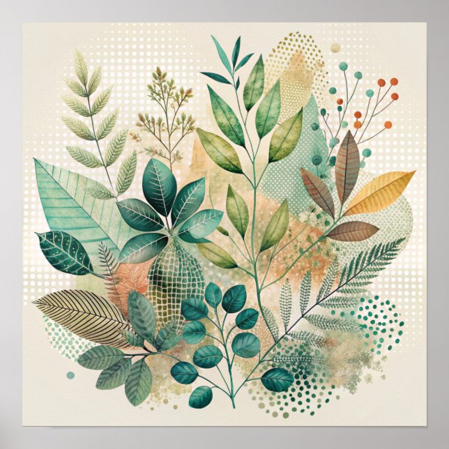 Folhas Botânicas Decor de Parede Collage Poster (Frente)