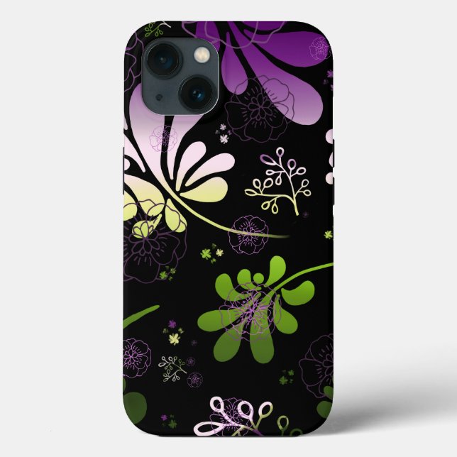 Folhas coloridas estilizadas e flores a preto (Verso)