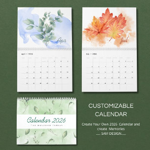 Folhas de Aquarela Calendário 2026 Natureza Botâ