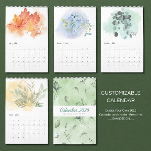Folhas de Aquarela Calendário 2026 Natureza Botâ