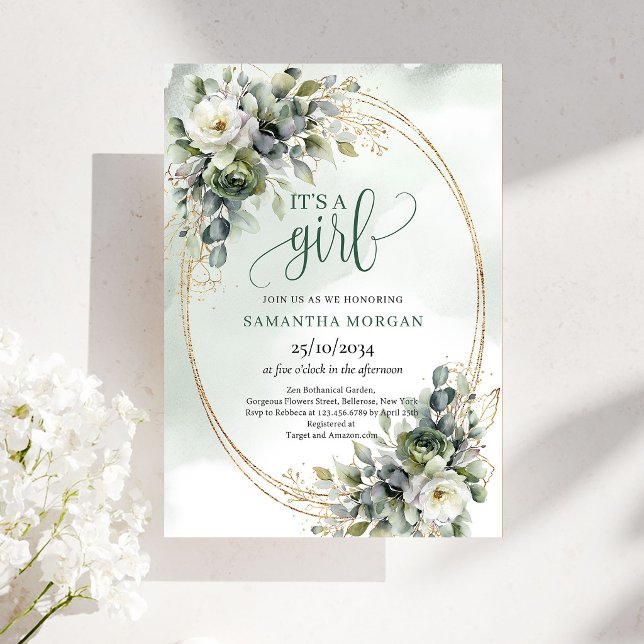 Folhas de Eucalipto Verde Empoeirado É um Convite  (Dusty Green Eucalyptus Leaves It’s A Girl Invitation)