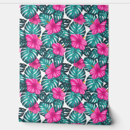 Folhas de Monstera e Hibiscus Teal e Rosa