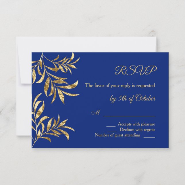 Folhas de ouro em RSVP de Casamento Azul (Frente)