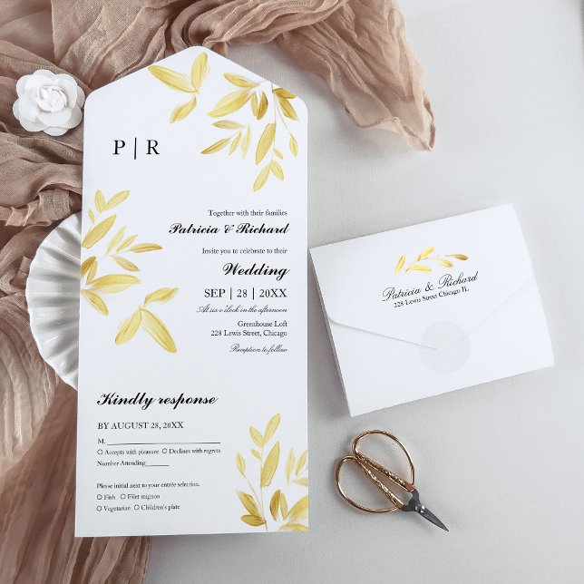 Folhas de Ouro Monograma Elegante Casamento (Criador carregado)