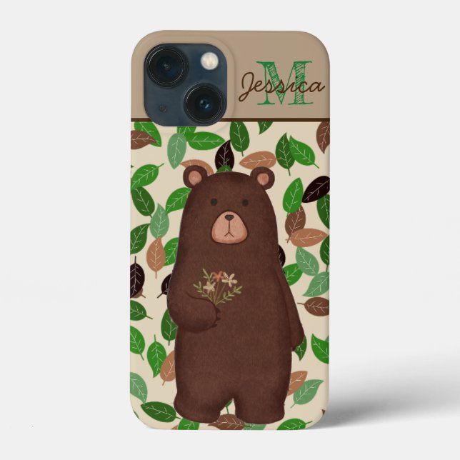 Folhas de outono de Urso de Madeira Personalizadas (Verso)