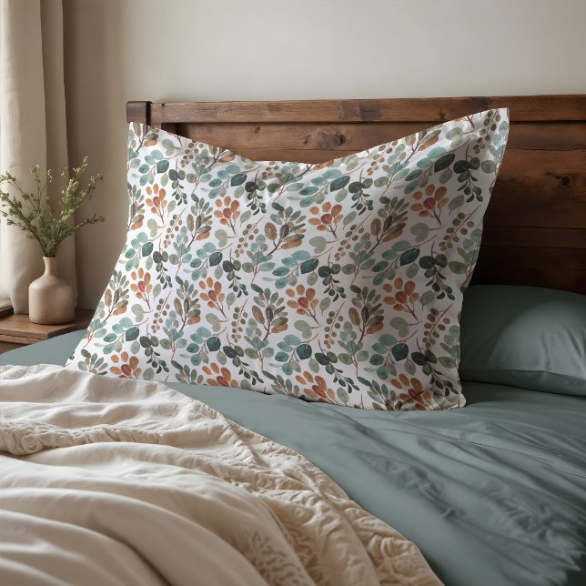 Folhas de Verde Musgo Bege Marrom Azul Outono (Teal, rust, and sage leaves pillowcase)