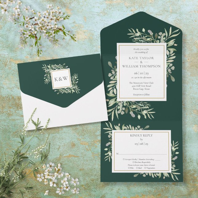 Folhas de Verdura Botânica Esmeralda Casamento (Botanical Greenery Leaves Emerald Wedding All In One Invitation)